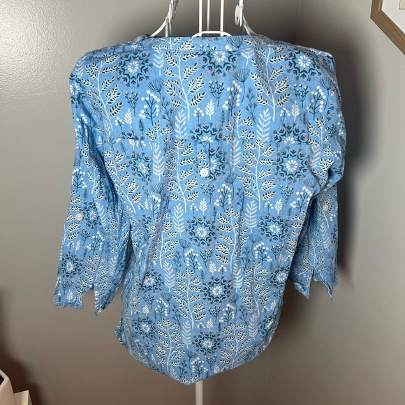 Madison Mathews Women's XS Blue Cotton 1/4 Button Top Floral 3/4 Sleeve Boho - Picture 2 of 4